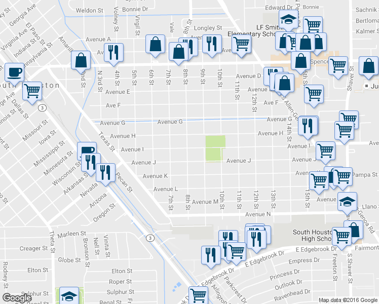 map of restaurants, bars, coffee shops, grocery stores, and more near 802 Avenue I in South Houston