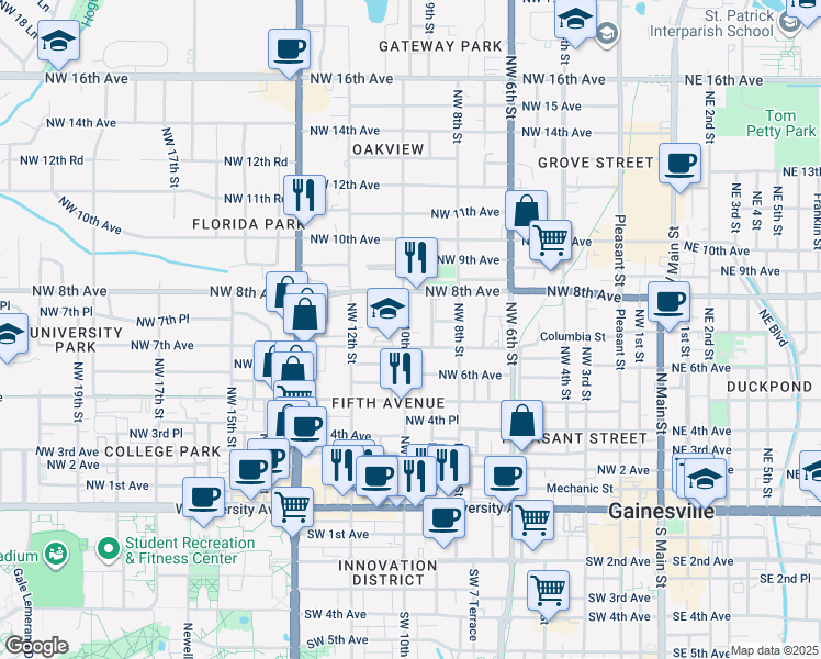 map of restaurants, bars, coffee shops, grocery stores, and more near 711 Northwest 10th Street in Gainesville