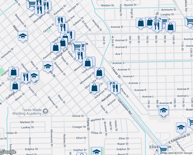 map of restaurants, bars, coffee shops, grocery stores, and more near 509 Minnesota Street in South Houston