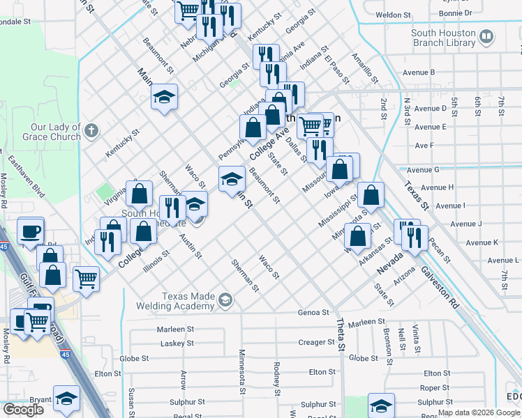 map of restaurants, bars, coffee shops, grocery stores, and more near 814 Washington Street in South Houston