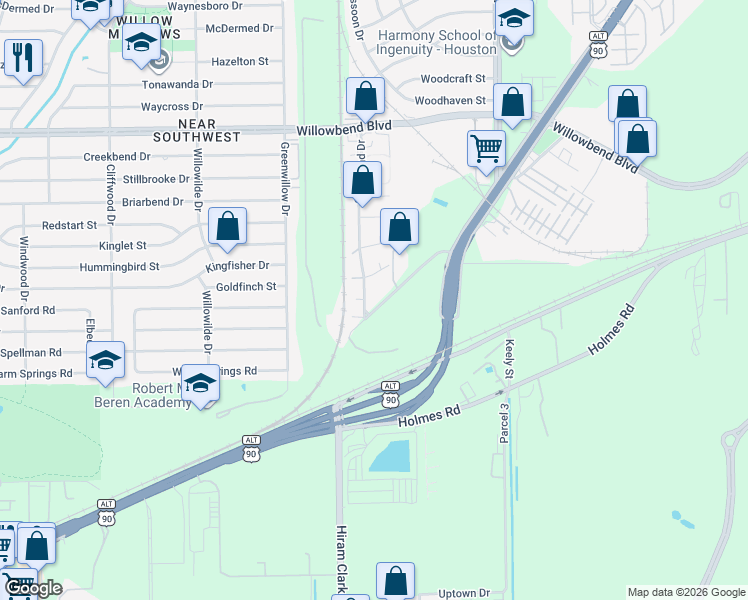 map of restaurants, bars, coffee shops, grocery stores, and more near 11620 Old Main Street Loop Road in Houston