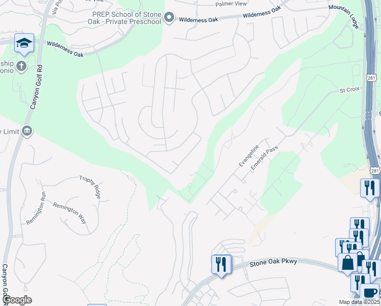 map of restaurants, bars, coffee shops, grocery stores, and more near 1623 Mountain Cove in San Antonio