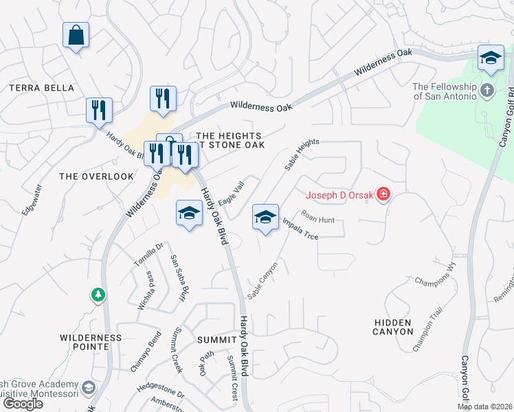 map of restaurants, bars, coffee shops, grocery stores, and more near 142 Red Hawk Ridge in San Antonio