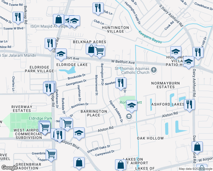 map of restaurants, bars, coffee shops, grocery stores, and more near 2427 Squire Dobbins Drive in Sugar Land