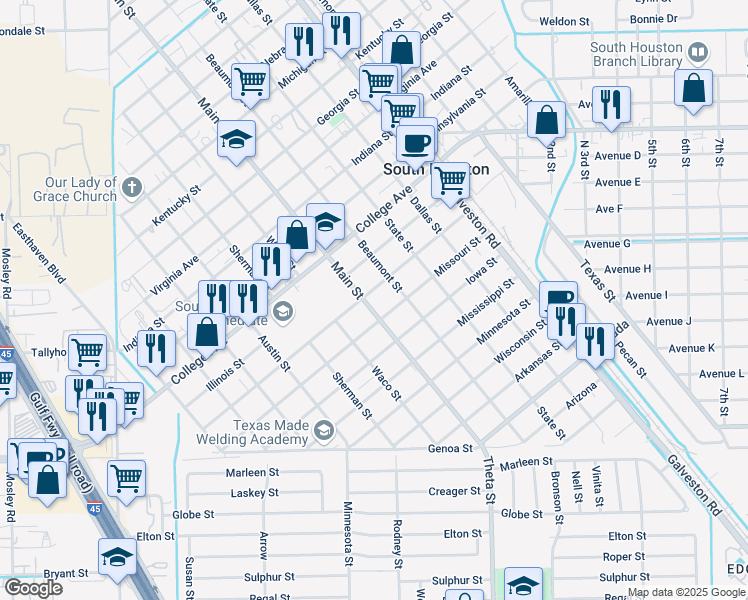 map of restaurants, bars, coffee shops, grocery stores, and more near 814 Washington Street in South Houston