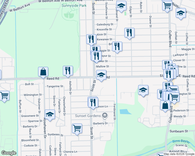 map of restaurants, bars, coffee shops, grocery stores, and more near 4100 Reed Road in Houston