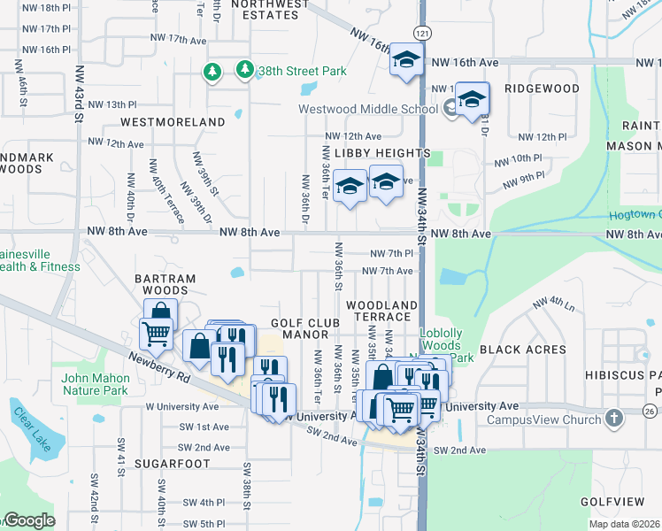map of restaurants, bars, coffee shops, grocery stores, and more near 3612 Northwest 7th Avenue in Gainesville