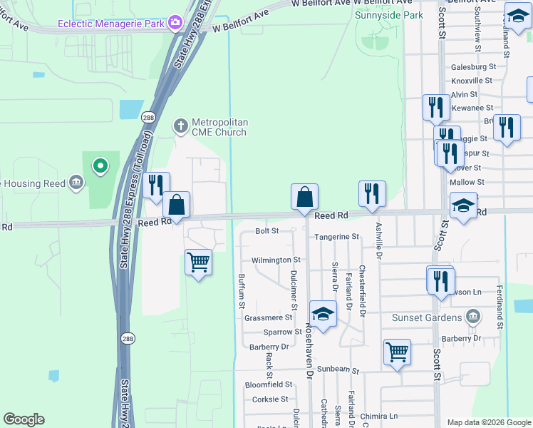 map of restaurants, bars, coffee shops, grocery stores, and more near 3025 Bolt Street in Houston