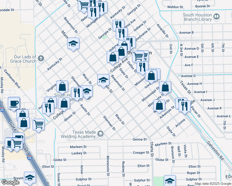 map of restaurants, bars, coffee shops, grocery stores, and more near 814 Washington Street in South Houston