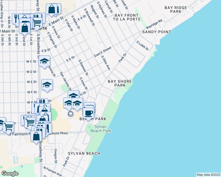 map of restaurants, bars, coffee shops, grocery stores, and more near 1015 Bayshore Drive in La Porte