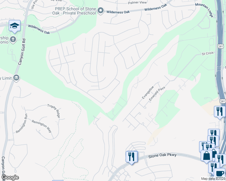 map of restaurants, bars, coffee shops, grocery stores, and more near 1623 Mountain Cove in San Antonio