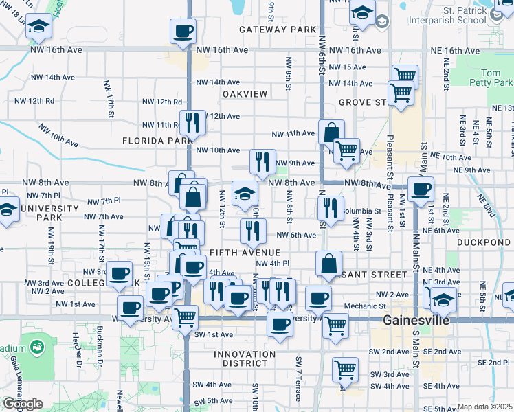 map of restaurants, bars, coffee shops, grocery stores, and more near 717 Northwest 10th Street in Gainesville