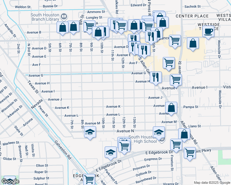 map of restaurants, bars, coffee shops, grocery stores, and more near 1104 Avenue I in South Houston