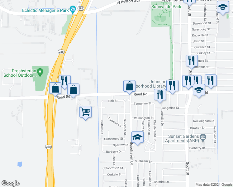 map of restaurants, bars, coffee shops, grocery stores, and more near Reed Road in Houston