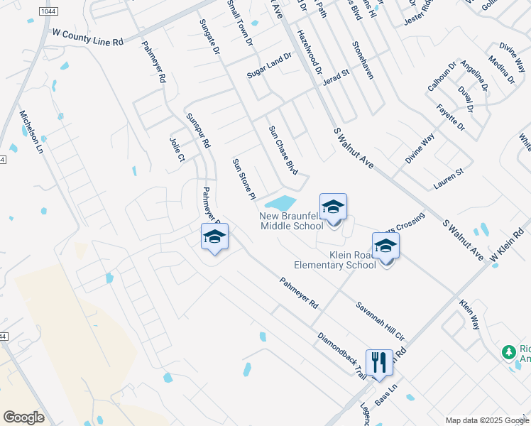 map of restaurants, bars, coffee shops, grocery stores, and more near 2301 Sun Stone Place in New Braunfels