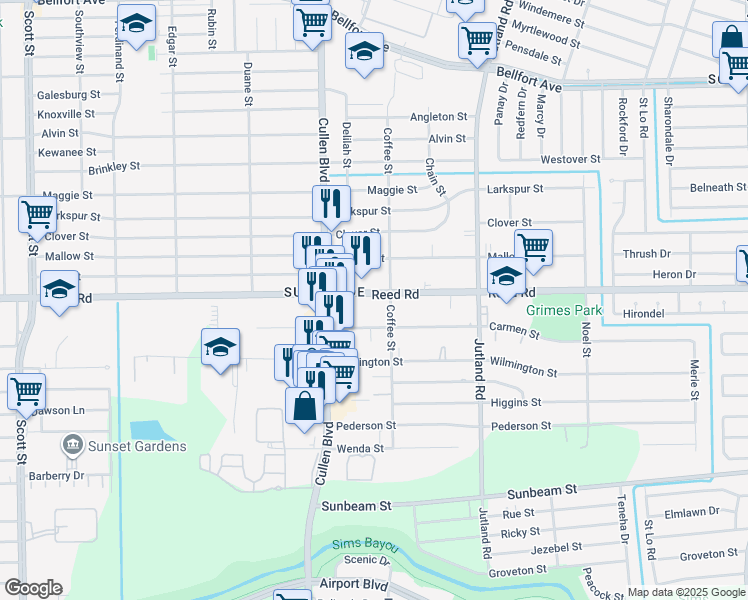 map of restaurants, bars, coffee shops, grocery stores, and more near 4738 Reed Road in Houston