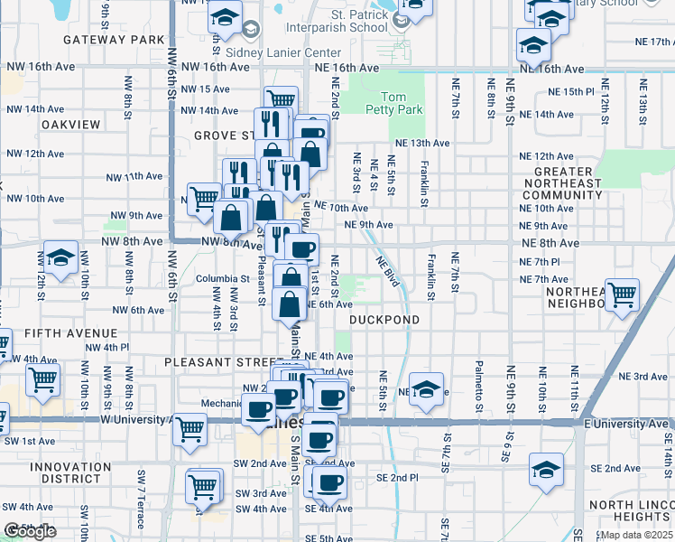 map of restaurants, bars, coffee shops, grocery stores, and more near 703 Northeast 2nd Street in Gainesville
