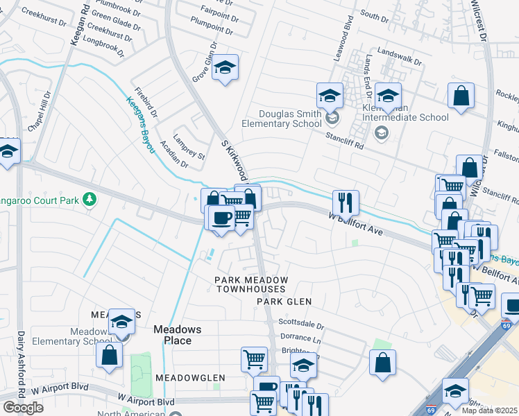 map of restaurants, bars, coffee shops, grocery stores, and more near 11682 West Bellfort Boulevard in Houston