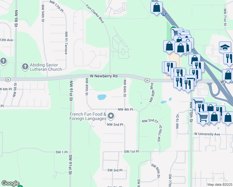 map of restaurants, bars, coffee shops, grocery stores, and more near 8436 Northwest 6 Avenue in Gainesville
