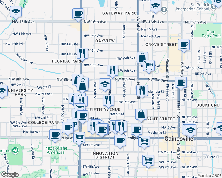 map of restaurants, bars, coffee shops, grocery stores, and more near 711 Northwest 10th Street in Gainesville