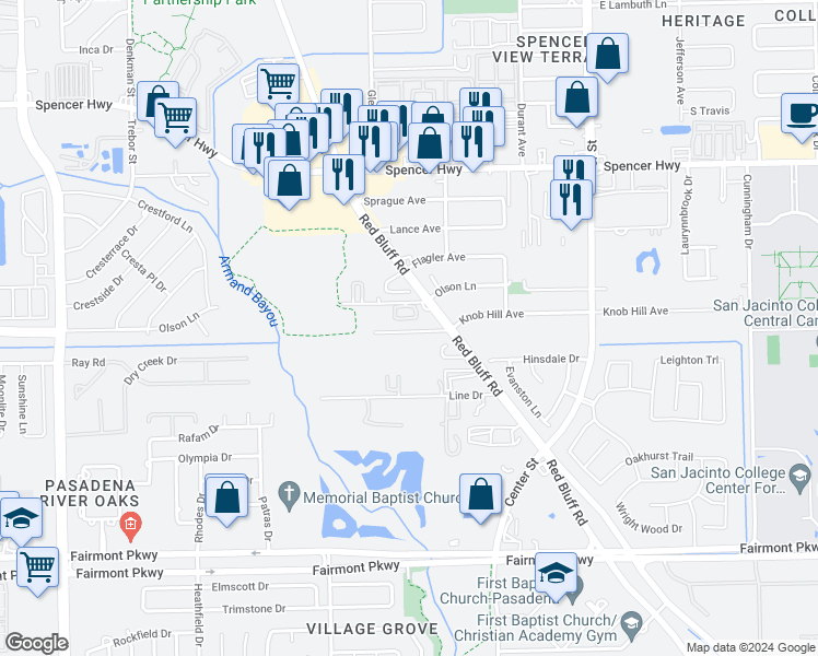 map of restaurants, bars, coffee shops, grocery stores, and more near 5930 Red Bluff Road in Pasadena