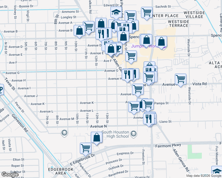 map of restaurants, bars, coffee shops, grocery stores, and more near 1305 Avenue J in South Houston