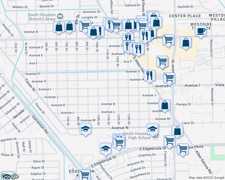 map of restaurants, bars, coffee shops, grocery stores, and more near 1104 Avenue I in South Houston