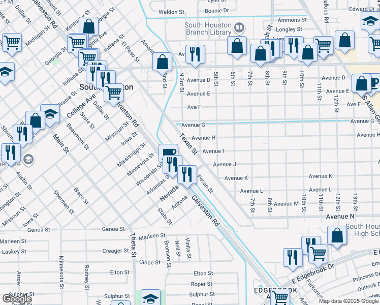 map of restaurants, bars, coffee shops, grocery stores, and more near 439 Pecan Street in South Houston