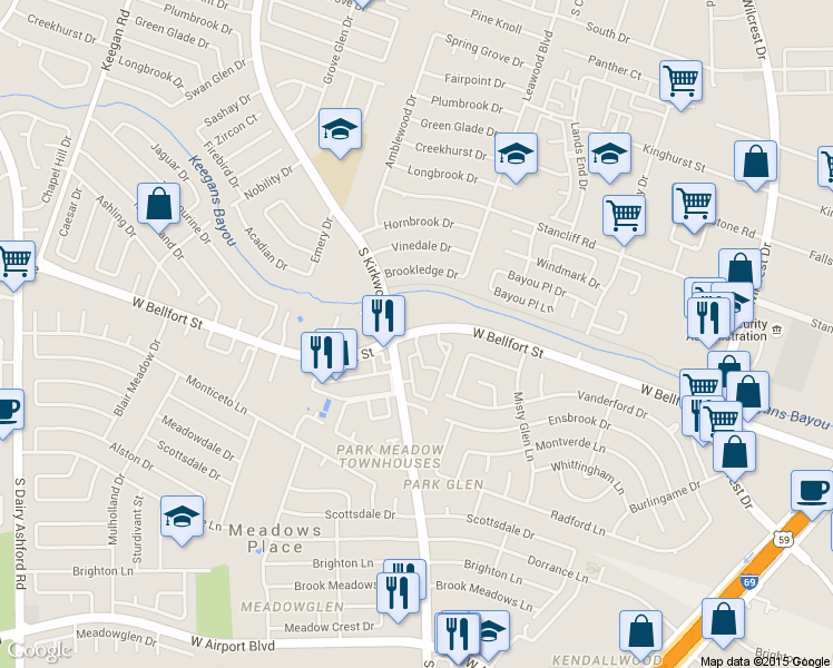 map of restaurants, bars, coffee shops, grocery stores, and more near 11665-11699 West Bellfort Boulevard in Houston