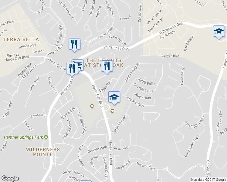 map of restaurants, bars, coffee shops, grocery stores, and more near 142 Red Hawk Ridge in San Antonio