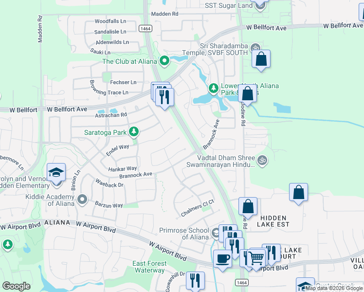map of restaurants, bars, coffee shops, grocery stores, and more near 17218 Pentland Court in Richmond