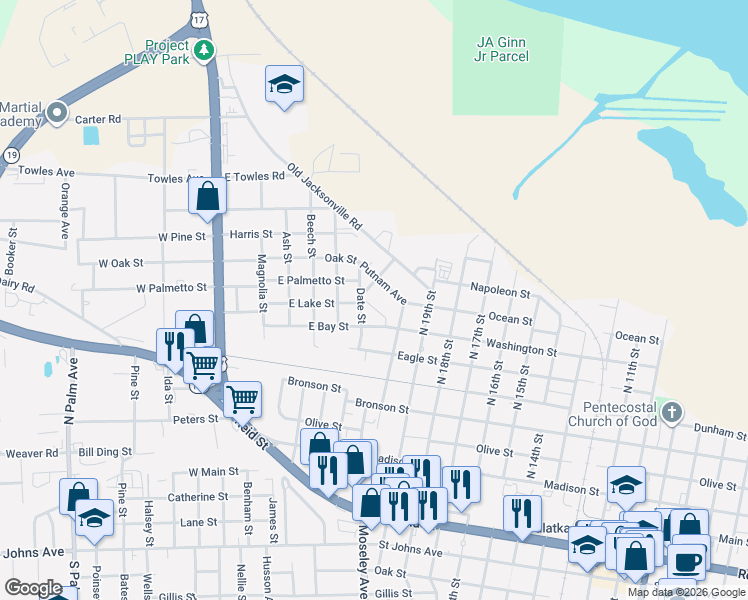 map of restaurants, bars, coffee shops, grocery stores, and more near 104 Southern Avenue in Palatka