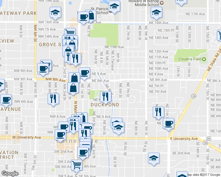 map of restaurants, bars, coffee shops, grocery stores, and more near 530 Northeast 7th Avenue in Gainesville