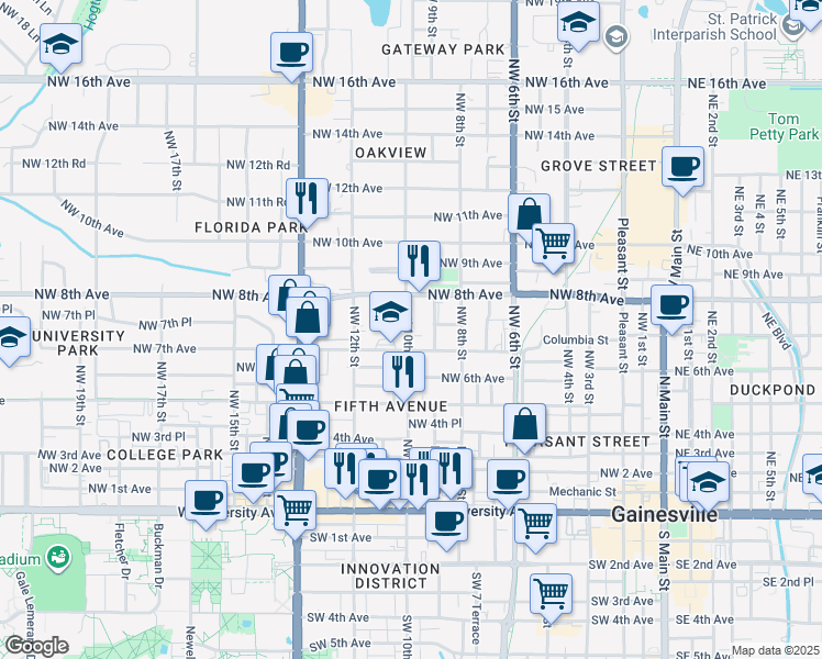 map of restaurants, bars, coffee shops, grocery stores, and more near 711 Northwest 10th Street in Gainesville