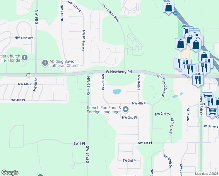 map of restaurants, bars, coffee shops, grocery stores, and more near 8715 Northwest 6th Place in Gainesville