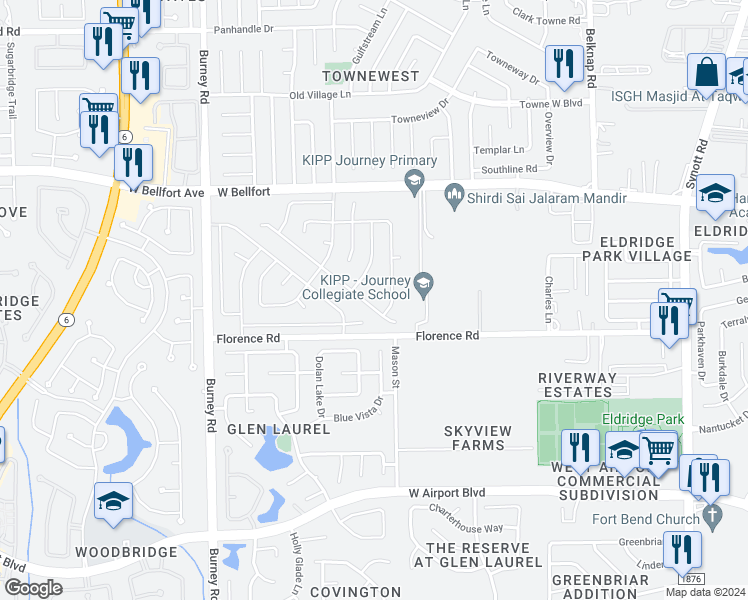 map of restaurants, bars, coffee shops, grocery stores, and more near 13914 Bay Gardens Drive in Sugar Land