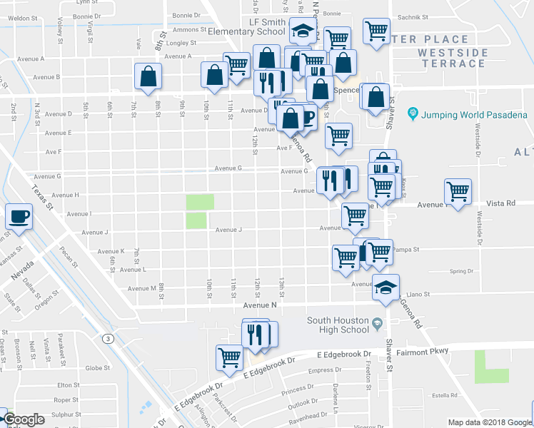 map of restaurants, bars, coffee shops, grocery stores, and more near 1208 Avenue I in South Houston