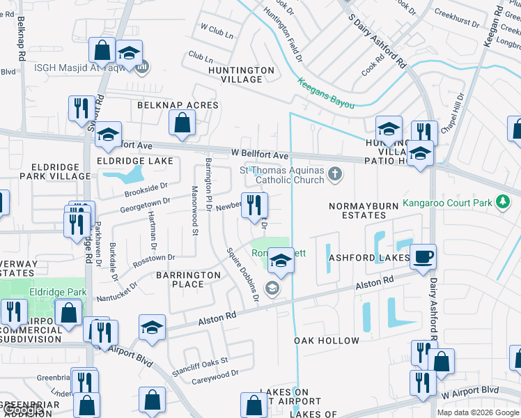 map of restaurants, bars, coffee shops, grocery stores, and more near 2407 Calumet Drive in Sugar Land