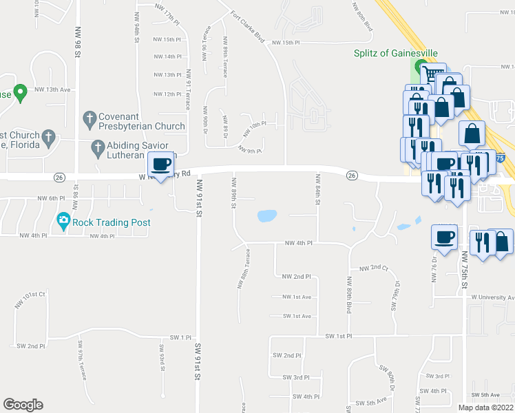 map of restaurants, bars, coffee shops, grocery stores, and more near 8715 Northwest 6th Place in Gainesville