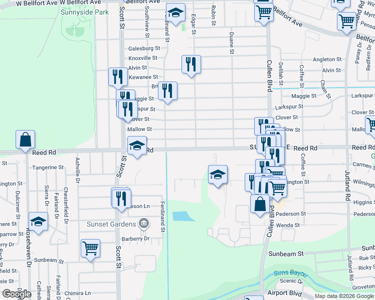 map of restaurants, bars, coffee shops, grocery stores, and more near 4390 Reed Road in Houston
