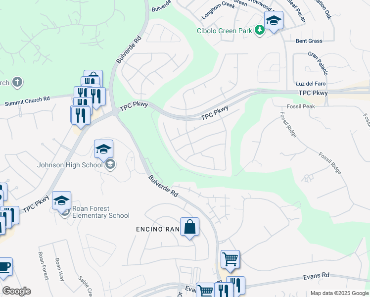 map of restaurants, bars, coffee shops, grocery stores, and more near 3418 Hilldale Point in San Antonio