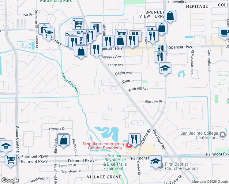 map of restaurants, bars, coffee shops, grocery stores, and more near 5930 Red Bluff Road in Pasadena