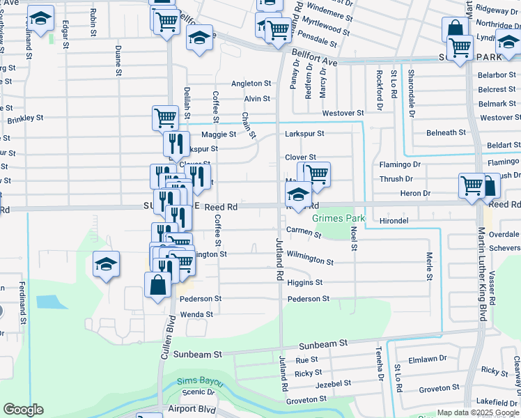 map of restaurants, bars, coffee shops, grocery stores, and more near 4938 Reed Road in Houston