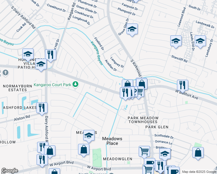 map of restaurants, bars, coffee shops, grocery stores, and more near 12110 West Bellfort Street in Stafford