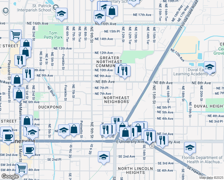 map of restaurants, bars, coffee shops, grocery stores, and more near 1020 Northeast 7th Avenue in Gainesville