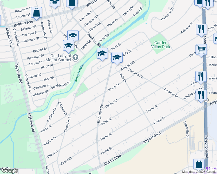 map of restaurants, bars, coffee shops, grocery stores, and more near 7130 Brace Street in Houston