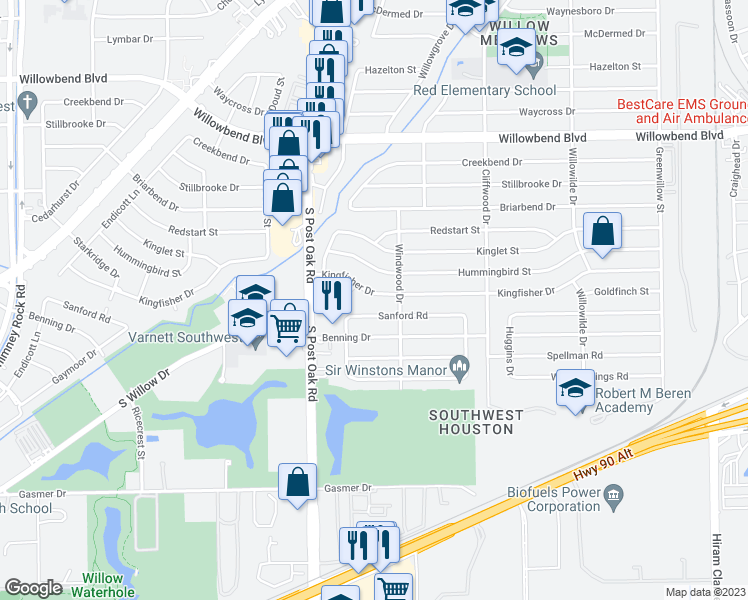 map of restaurants, bars, coffee shops, grocery stores, and more near 4826 Sanford Road in Houston
