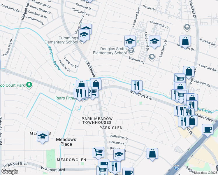 map of restaurants, bars, coffee shops, grocery stores, and more near 11679 West Bellfort Avenue in Houston