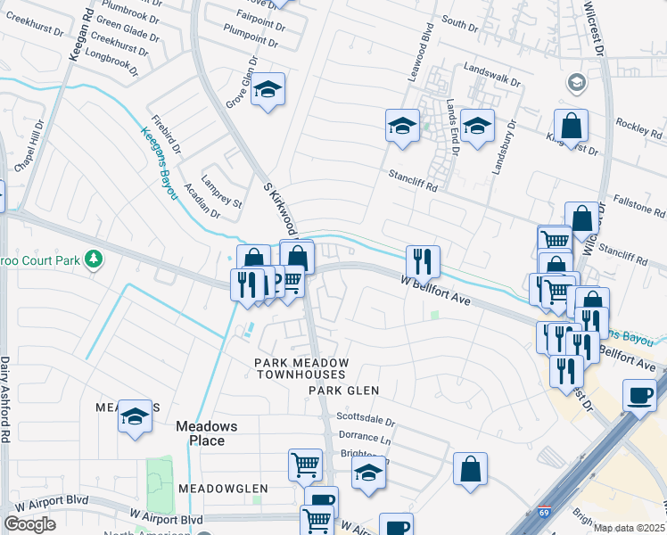 map of restaurants, bars, coffee shops, grocery stores, and more near 11679 West Bellfort Avenue in Houston
