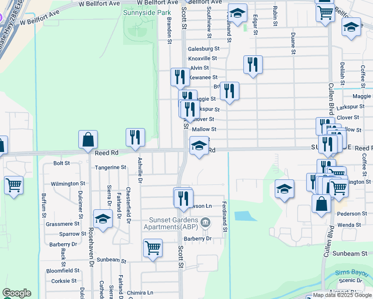 map of restaurants, bars, coffee shops, grocery stores, and more near Scott Street in Houston